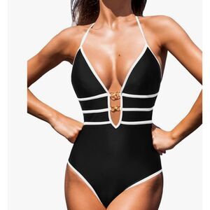 NEW Cupshe Black White Trim One Piece Swimsuit Halter Tie Back Medium NWT